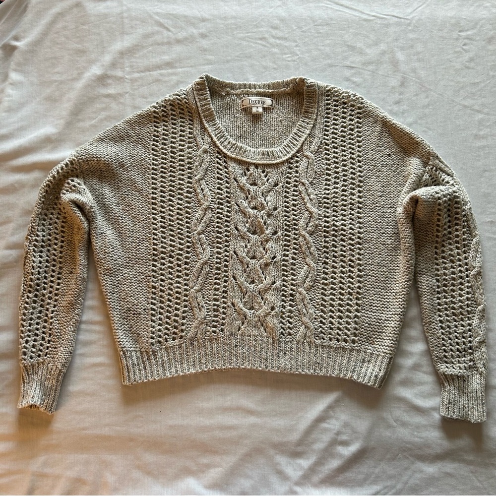 Decree Tan & Cream Shimmer Cropped Long Sleeve Open Knit Pullover Sweater Size M